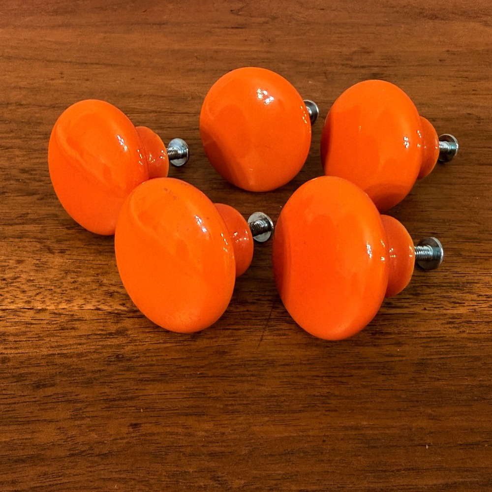 Vintage Orange Ceramic Drawer Pulls Set of 5 MCM Mushroom Cabinet Knobs Japan